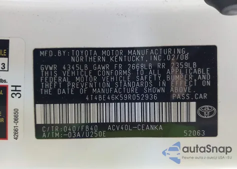 2009 Toyota Camry Se/Le/Xle from USA, damaged, VIN 4T4BE46K59R052936